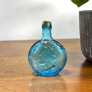 Vintage Blue Glass Bottle Bitters Miniature 3.25" Tall George Washington